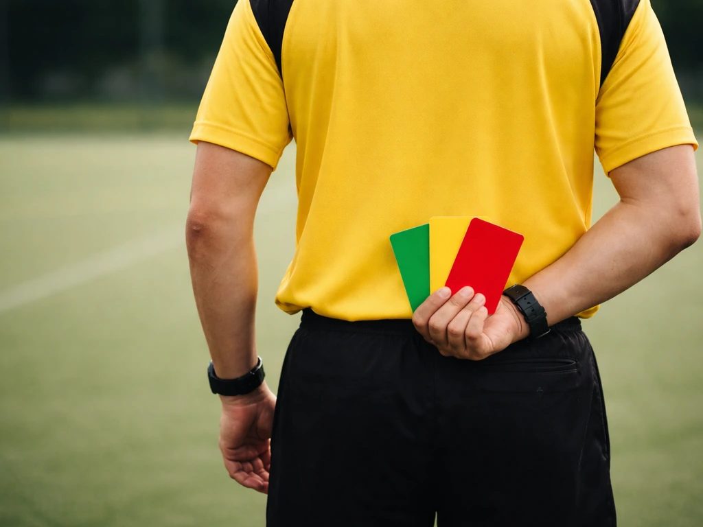 Cartons vert, jaune et rouge tenus par un arbitre de hockey sur gazon pendant un match, sur terrain gazonné