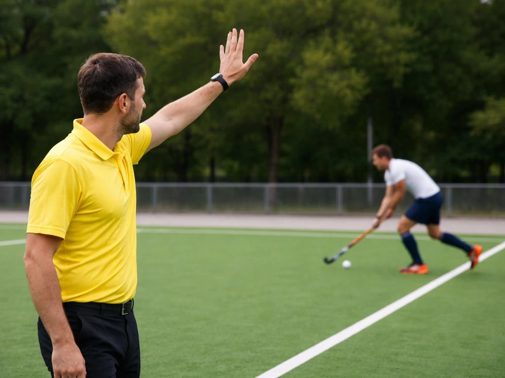 Arbitre de hockey sur gazon levant la main pour laisser jouer, tandis qu’un joueur continue l’action.