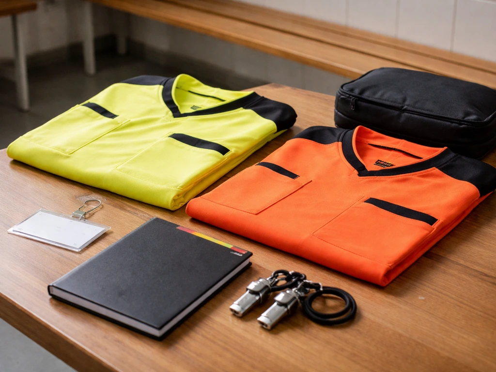 Maillots d’arbitre et matériel d’arbitrage (sifflet, règlement) posés sur une table avant un match.