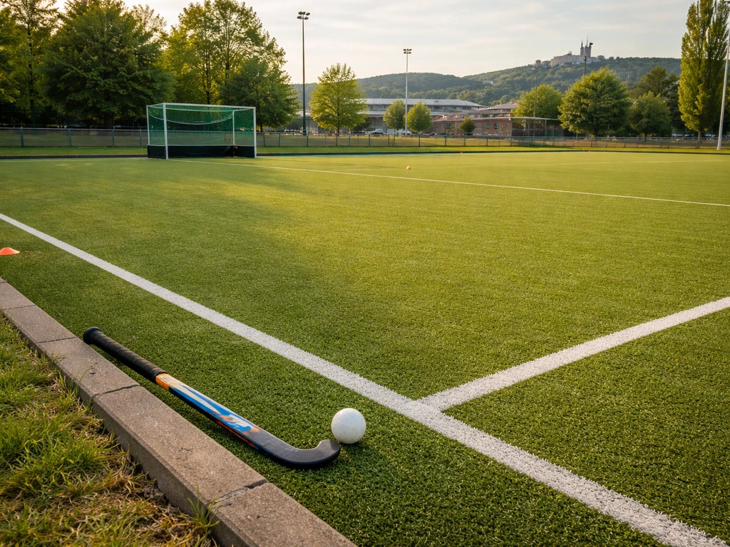 Terrain de hockey sur gazon à Lyon avec but et clôture, ambiance calme et éclairage naturel.