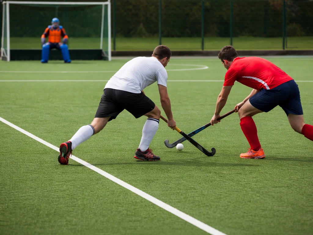 Match de hockey sur gazon : joueurs sur le terrain vert, gardien devant le but, repères de lignes visibles.
