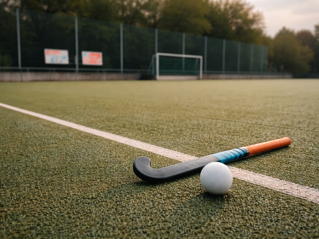 Terrain de hockey sur gazon à Lambersart, ballon et crosse au sol, affiches de club floues, sans personnes.