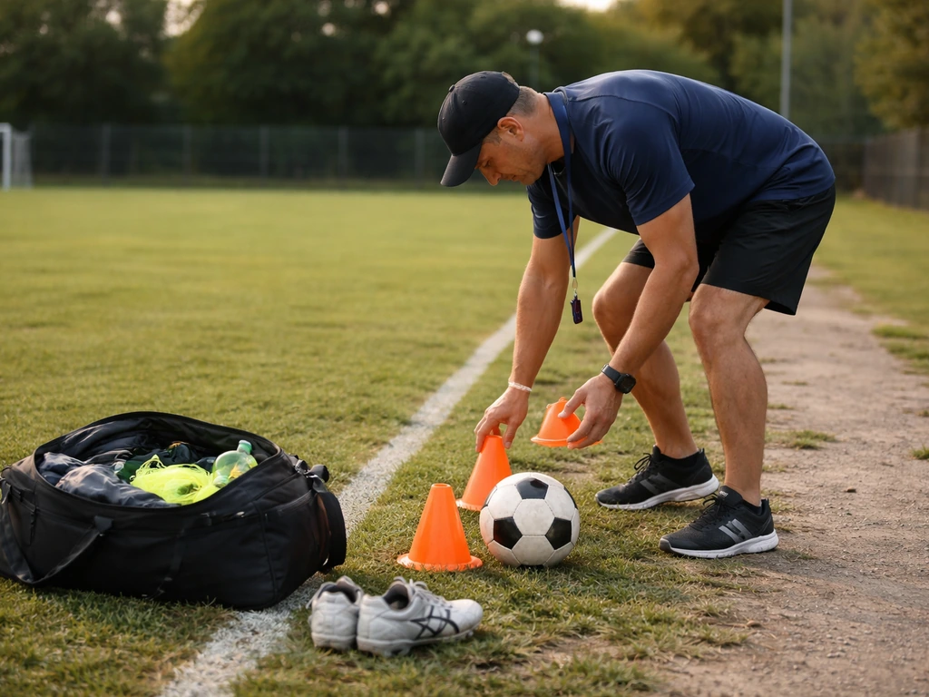 Entraîneur préparant le matériel pour une séance d’essai sur un terrain de football à Lambersart
