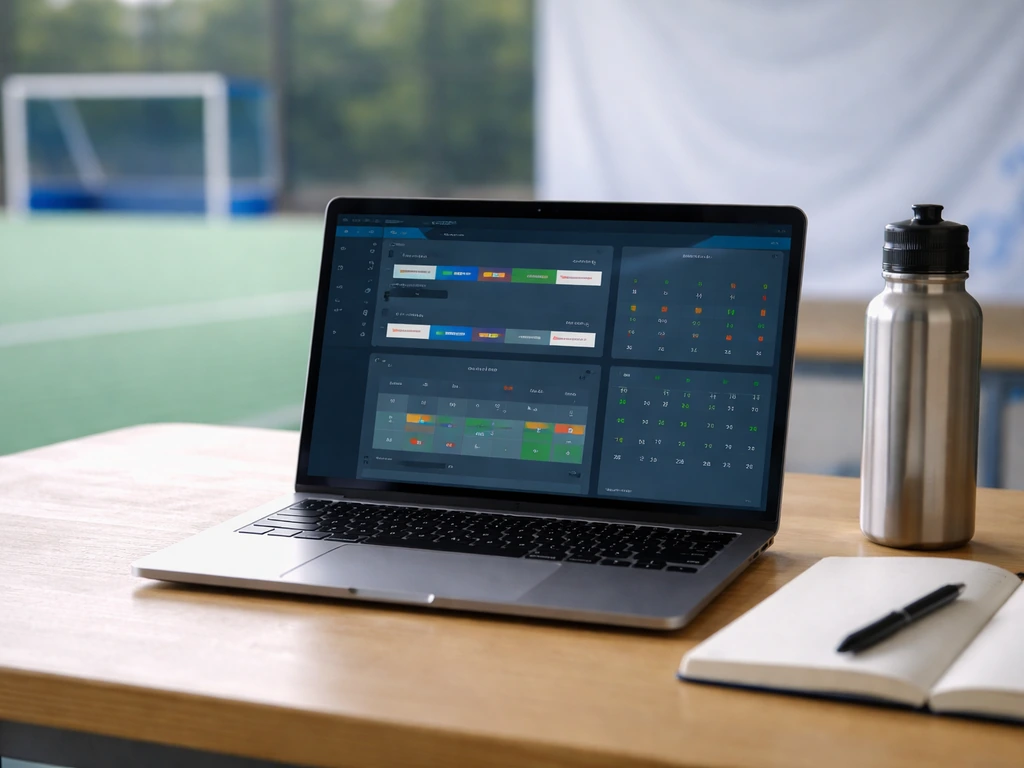 Écran portable dans un club sportif, ambiance de suivi des matchs et calendrier, ambiance hockey.
