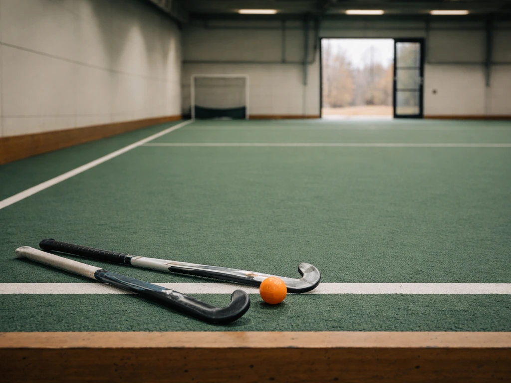 Terrain de hockey sur gazon en salle, crosses au sol, lumière naturelle, ambiance automne-hiver.