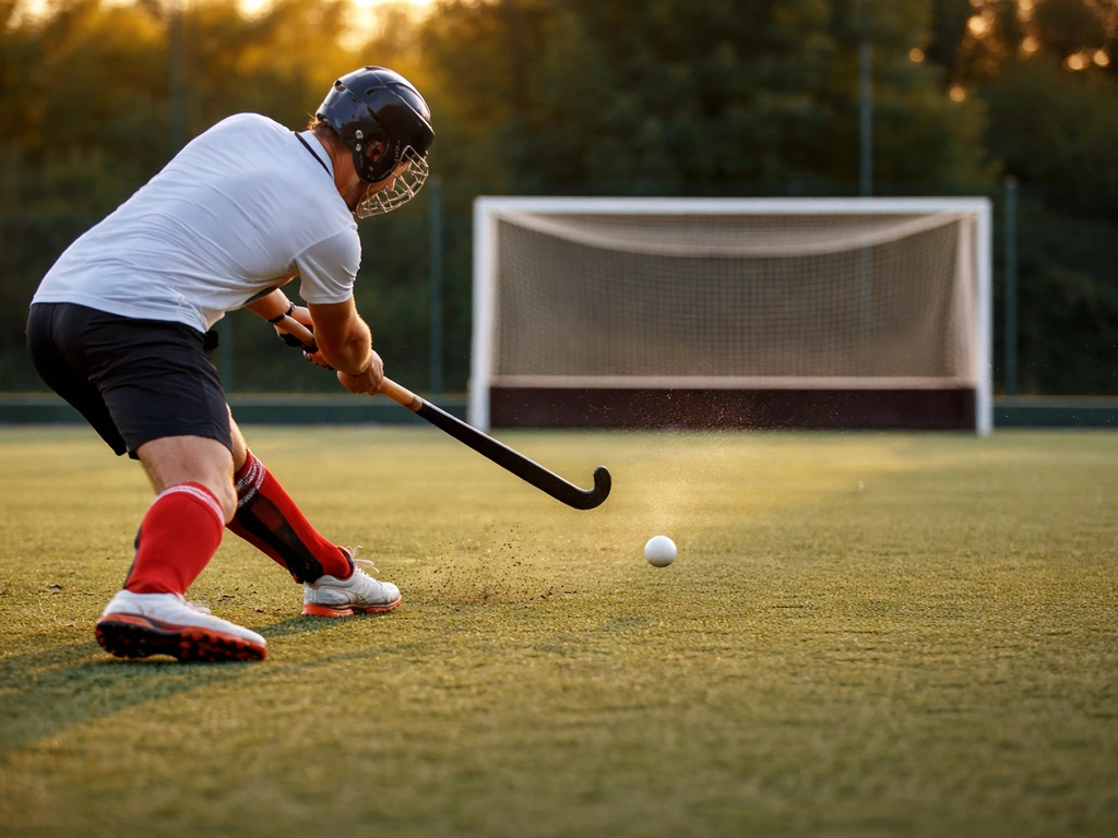 Joueur anonyme de hockey sur gazon en duel, crosse levée, balle en mouvement sur terrain synthétique.