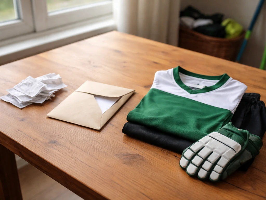 Table avec factures sans texte, enveloppe de prime et tenue de hockey sur gazon pliée.