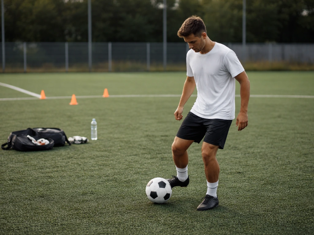 Un joueur de foot amateur s’entraîne sur terrain synthétique, avec sac de matériel et protections au sol.
