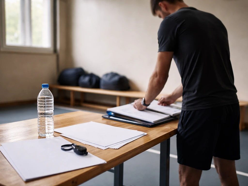 Ambiance de staff technique dans un gymnase : documents de match et entraîneur anonyme près d’une table.