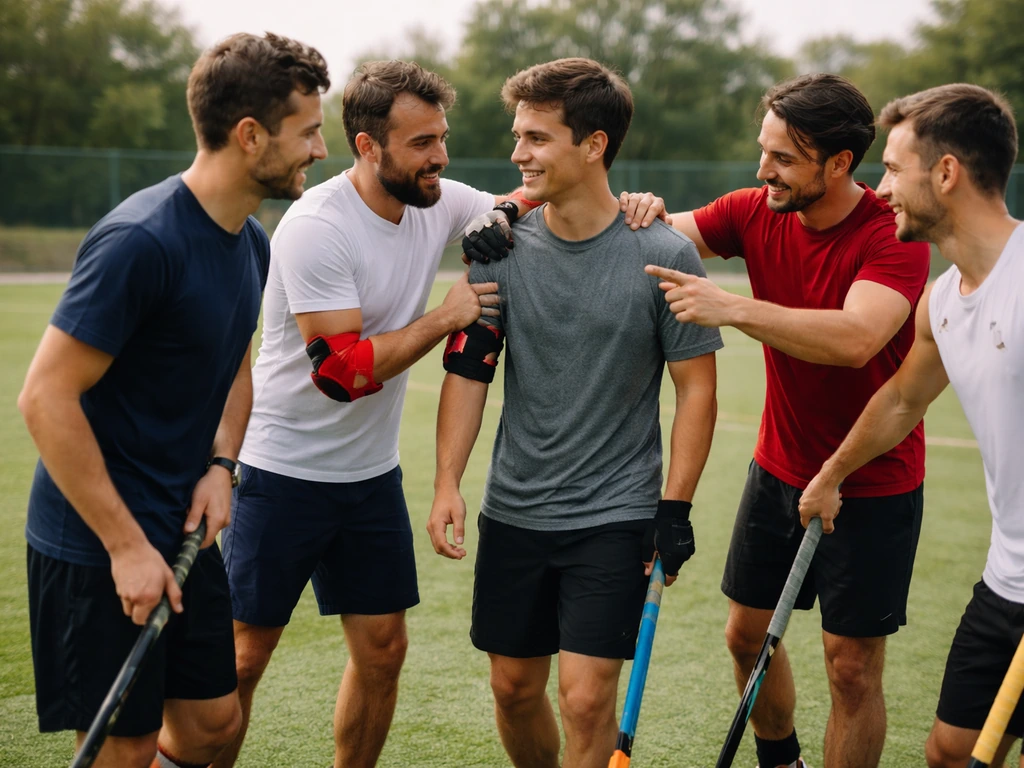 Joueur de hockey sur gazon accueille un nouvel arrivant avant l’entraînement sur un terrain, ambiance conviviale.