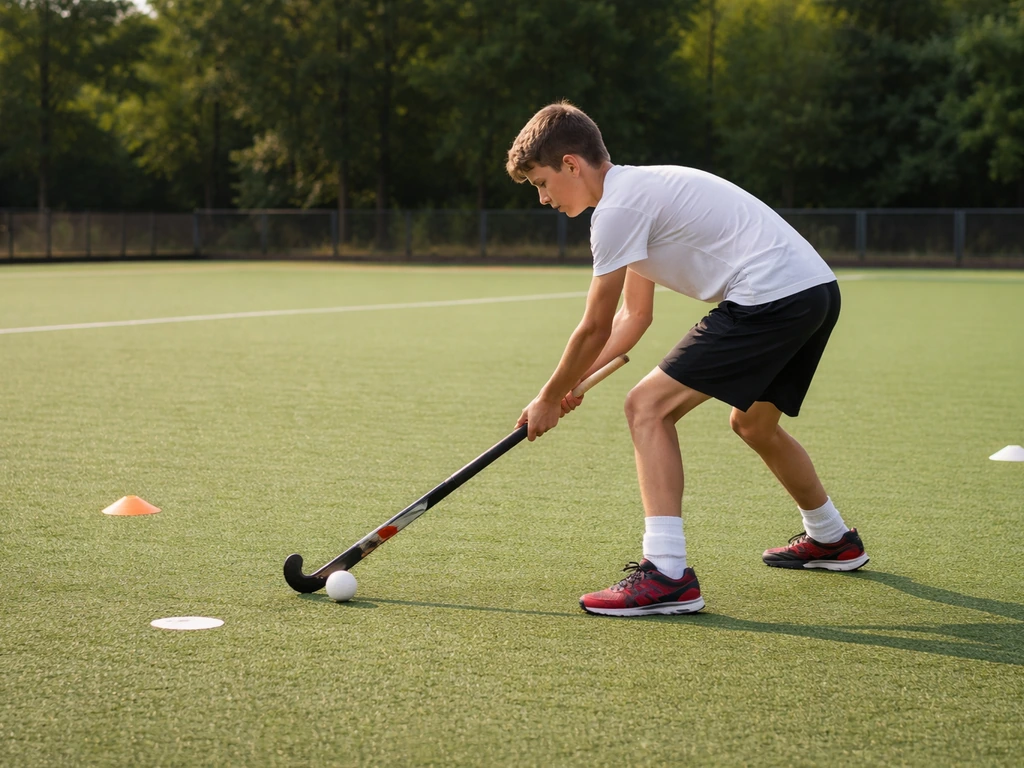 Jeune joueur de hockey sur gazon en position, utilisant le côté plat de la crosse, repères au sol.
