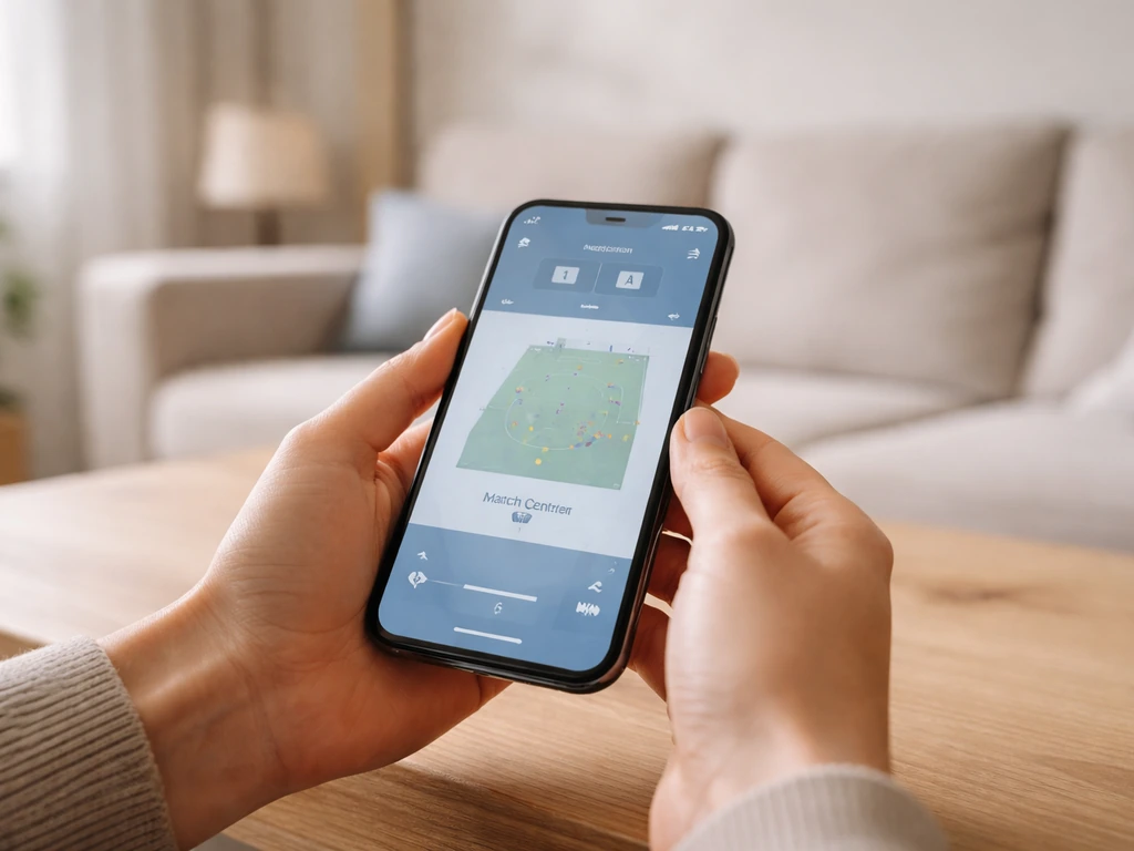 Smartphone montrant une interface « Match Center » FIH reconstituée, posé sur une table, mains en premier plan.