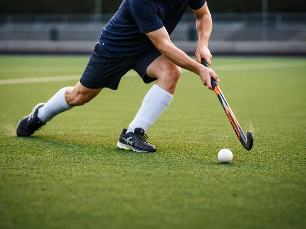 Joueur anonyme de hockey sur gazon prêt à frapper la balle sur un terrain, ambiance de compétition.
