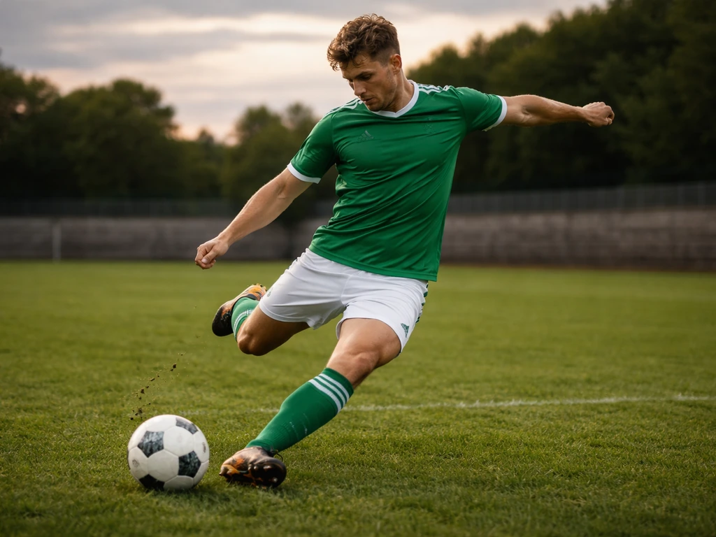 Footballeur irlandais en action, sprintant et tirant au but sur un stade au crépuscule.