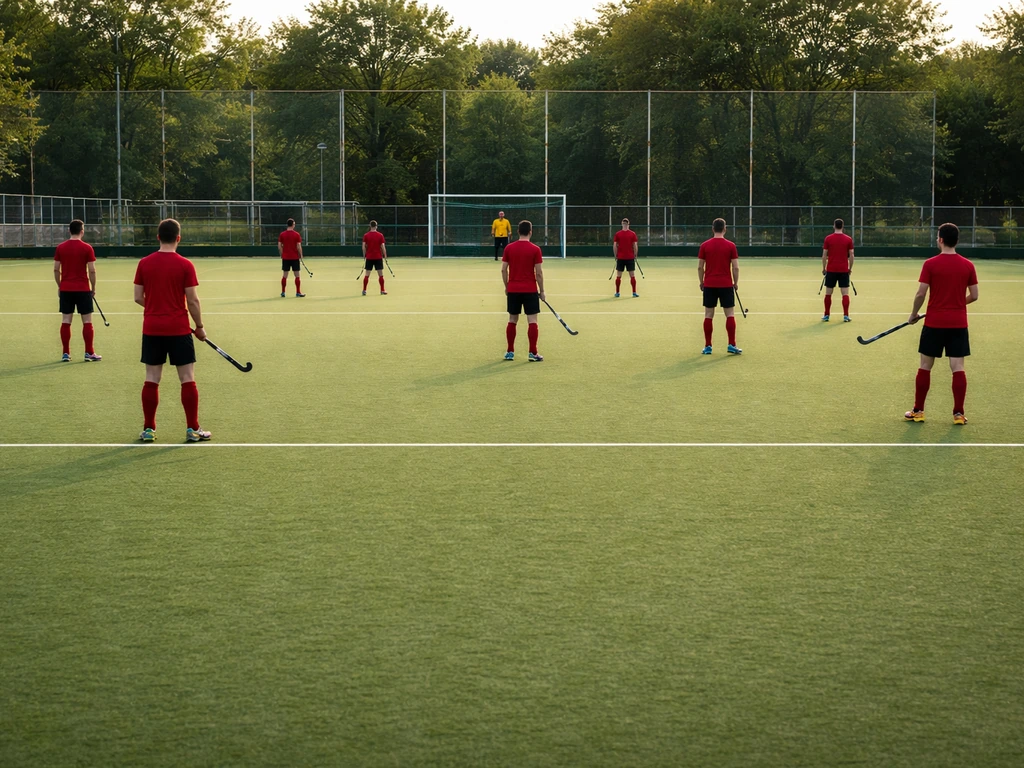 Terrain extérieur de hockey sur gazon avec joueurs répartis, illustrant la limite des 11 sur le terrain.