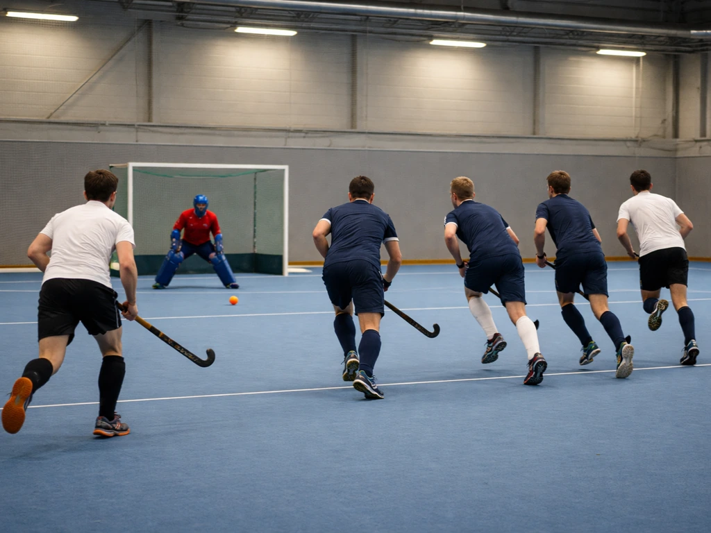 Six joueurs de hockey en salle sur un terrain couvert, gardien inclus, en action sur un sol synthétique.