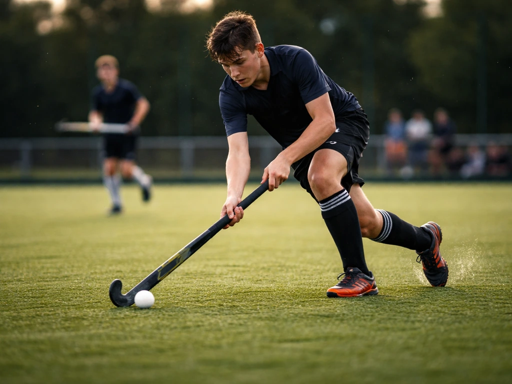 Match de hockey sur gazon U21 sur terrain engazonné, crosses et ballon, ambiance finale au loin.