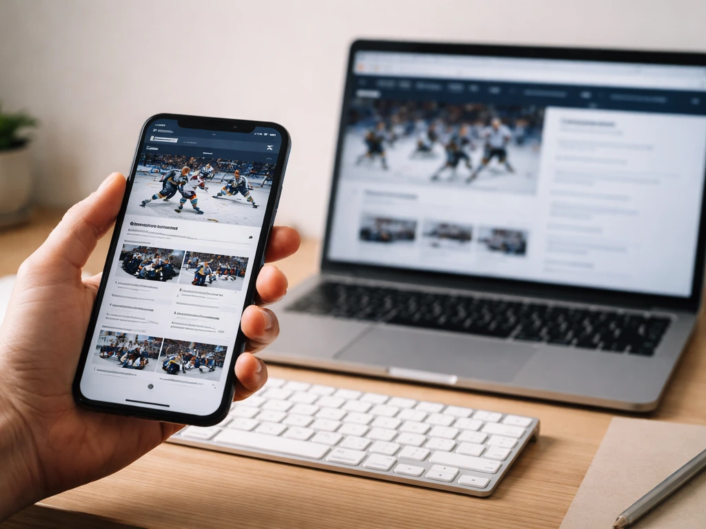 Main tenant un smartphone devant un écran montrant un site de fédération de hockey, sans texte lisible.