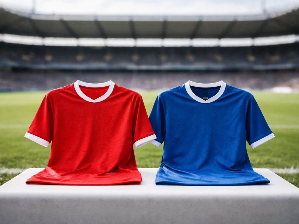 Deux maillots de football U21 côte à côte sur fond de stade, ambiance de finale.