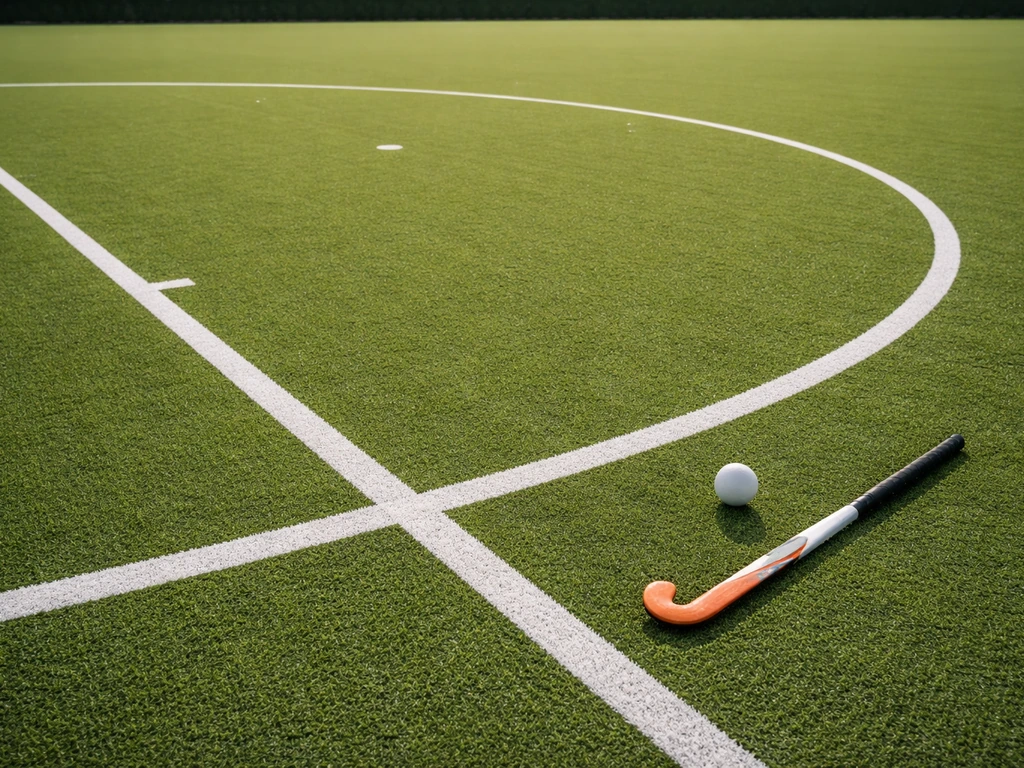Terrain de hockey gazon U21 avec balle et stick, marquages au sol visibles, ambiance match.