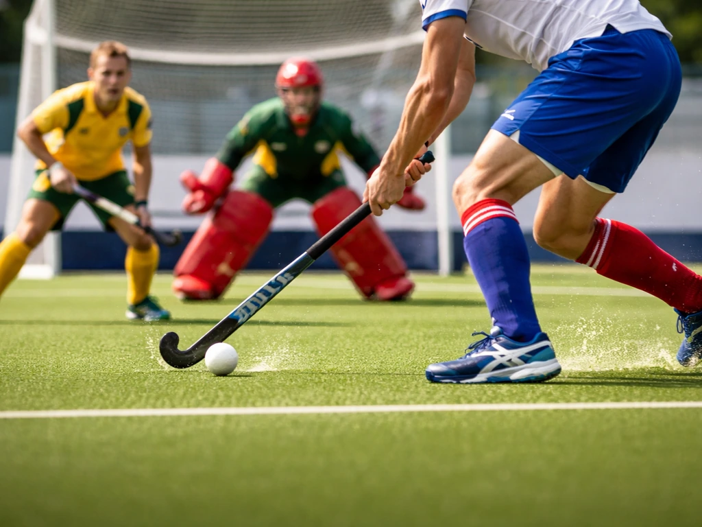 Match de hockey sur gazon France-Australie : action près du cercle de vérité sur synthétique, joueur frappe la balle.