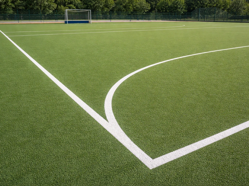 Plan rapproché d’un terrain de hockey sur gazon synthétique avec lignes et demi-cercles visibles.