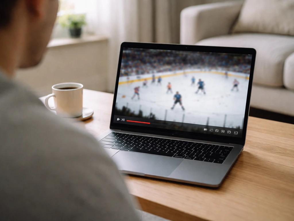 Ordinateur portable sur une table, interface de streaming sans texte, match de hockey flou à l’écran.