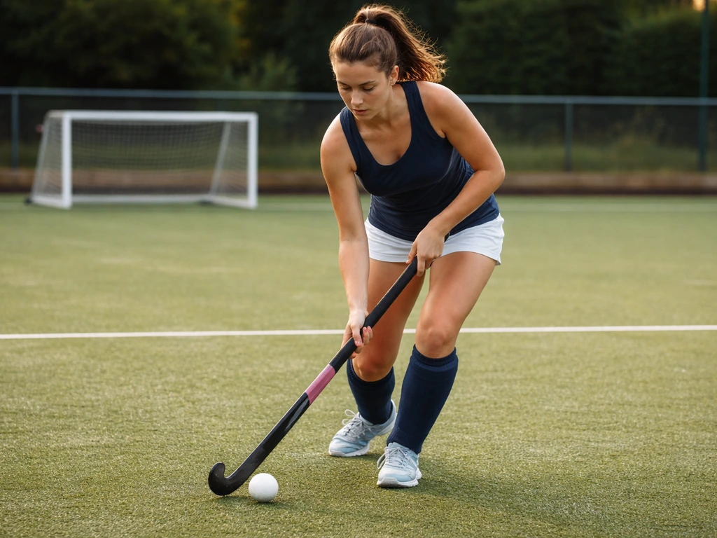 Entraînement de hockey sur gazon : une joueuse dribble une balle devant un mini-but, ambiance club en France.