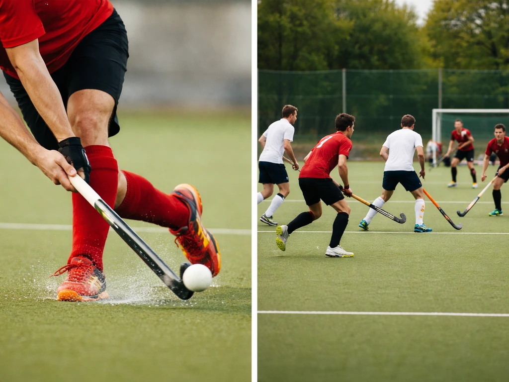 Comparaison : à gauche un geste de tir au hockey sur gazon, à droite des joueurs qui se déplacent en équipe.