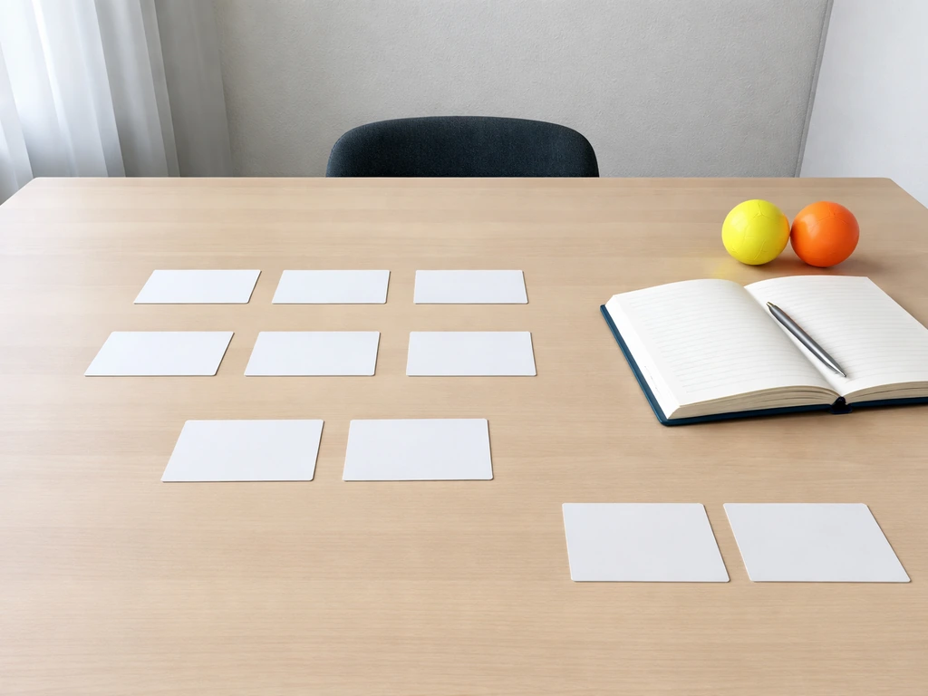 Table de conférence minimaliste avec cartes et balles de hockey sur gazon évoquant des poules puis une phase finale.