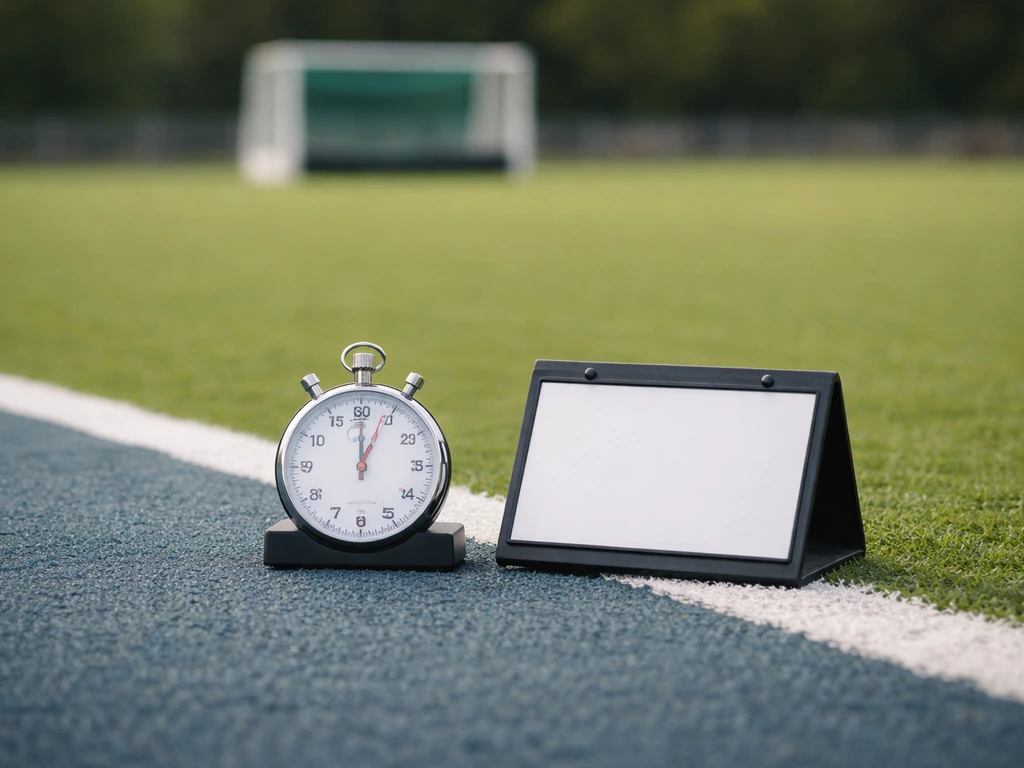 Chronomètre et signalisation de temps près de la pelouse de hockey, ambiance de match documentaire sans texte.