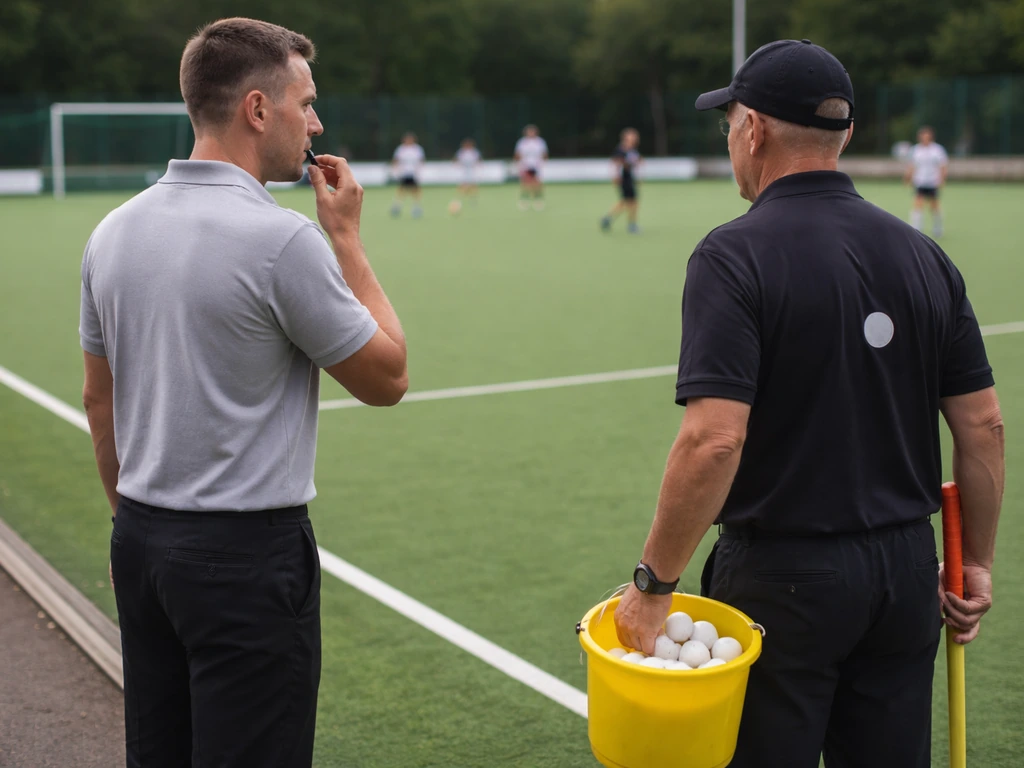 Arbitre et juge de balle au bord du terrain, sifflet en main, regard vers la zone de décision.