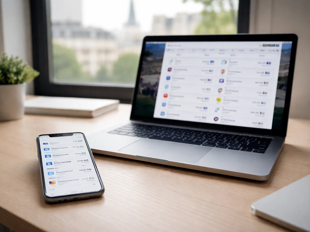 Écran de smartphone montrant une page d’informations sportives officielles sur les JO, près d’un ordinateur portable à P