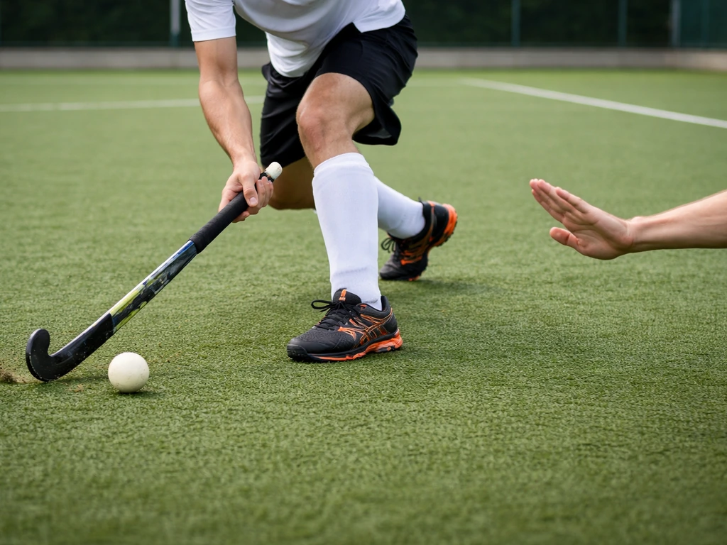 Joueur de hockey sur gazon en action, stick et balle au sol, suggérant contact, crosse et comportement.