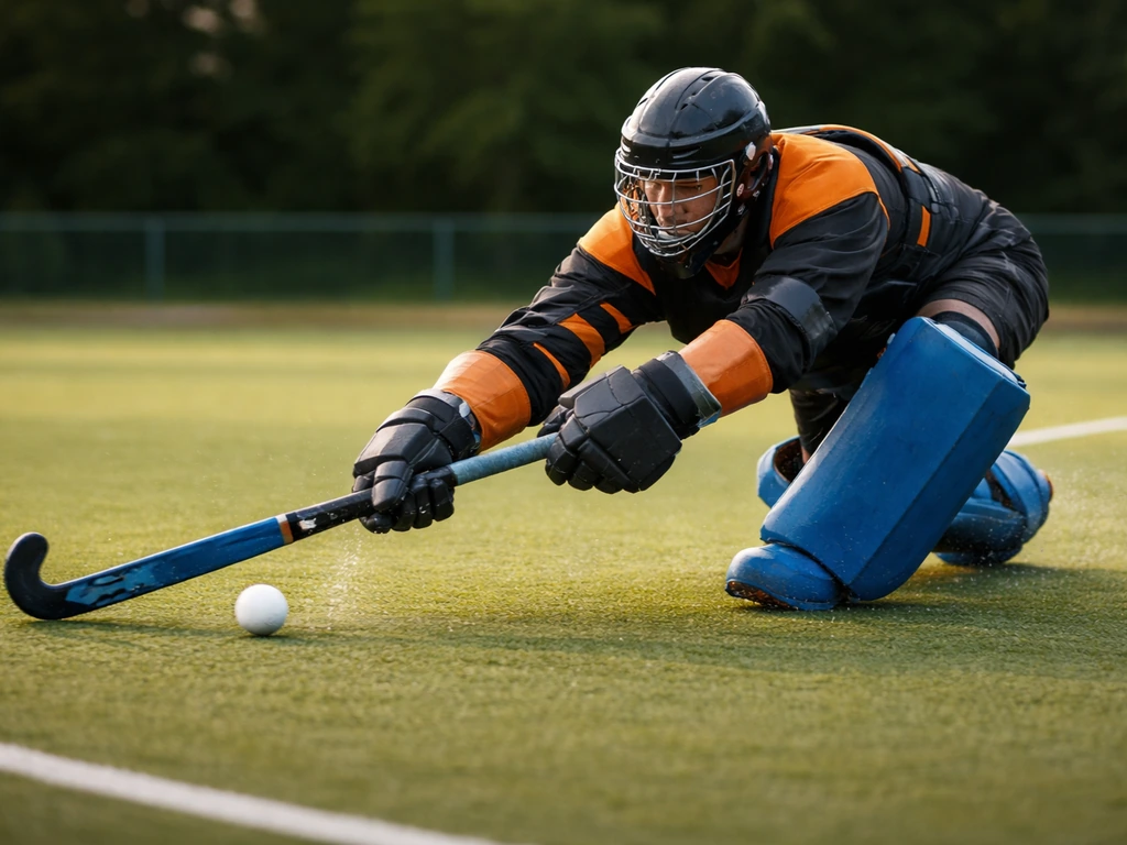 Défenseur de hockey sur gazon en interception, crosse tendue, angle d’approche en zone de risque.