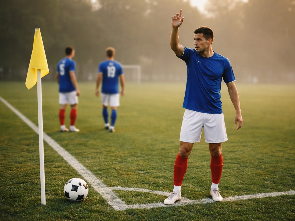 Un joueur anonyme donne des consignes près d’un corner court, ambiance terrain de football à la lumière du soir.