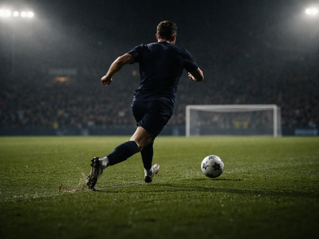Footballeur anonyme fonce vers un arrêt décisif en fin de match, ambiance tendue au stade, nuit.