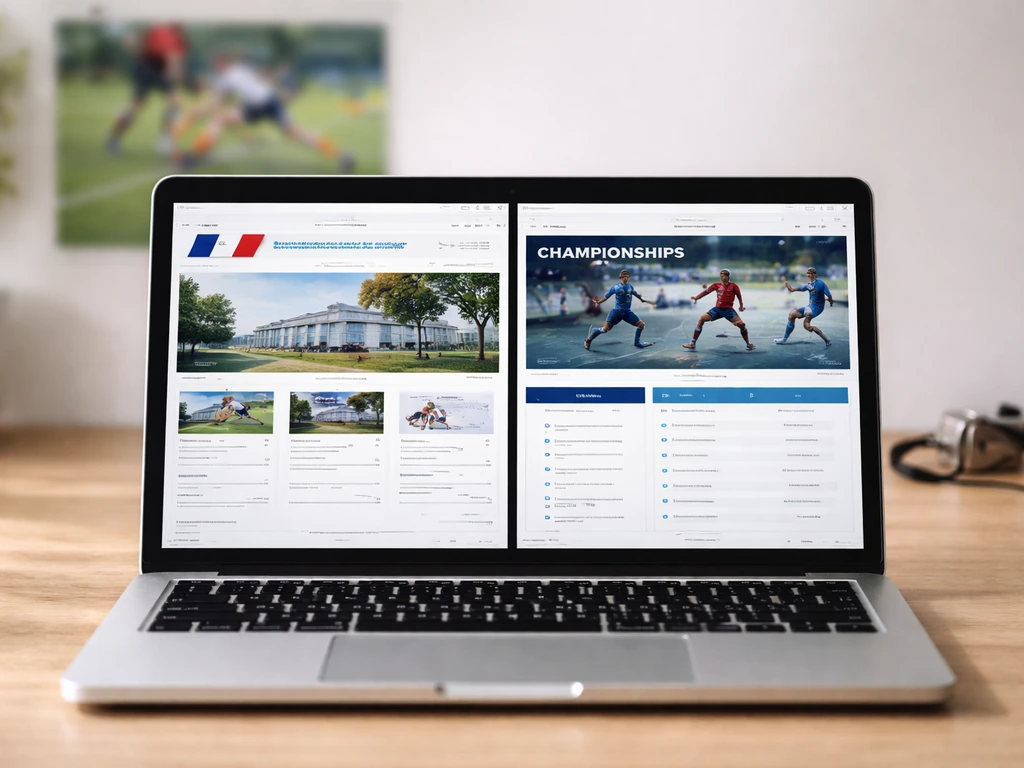 Ordinateur portable en bureau avec deux pages web officielles de hockey sur gazon ouvertes, ambiance calme et lumière na