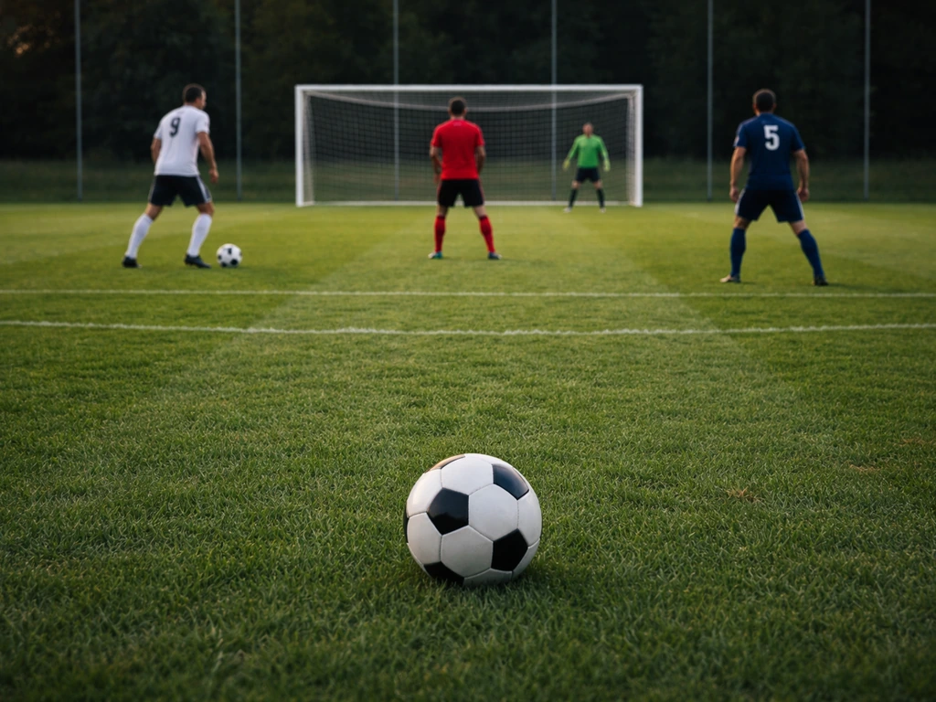 Terrain de football avec quatre joueurs anonymes montrant attaquant, milieu, défenseur et gardien, sans texte.