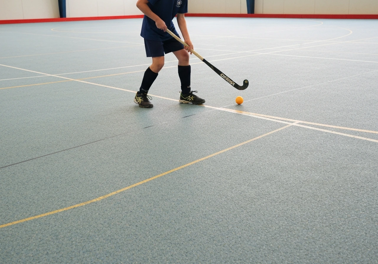 Joueur de hockey sur surface dure en salle, stick et balle, sol non-herbe, ambiance sportive minimaliste.
