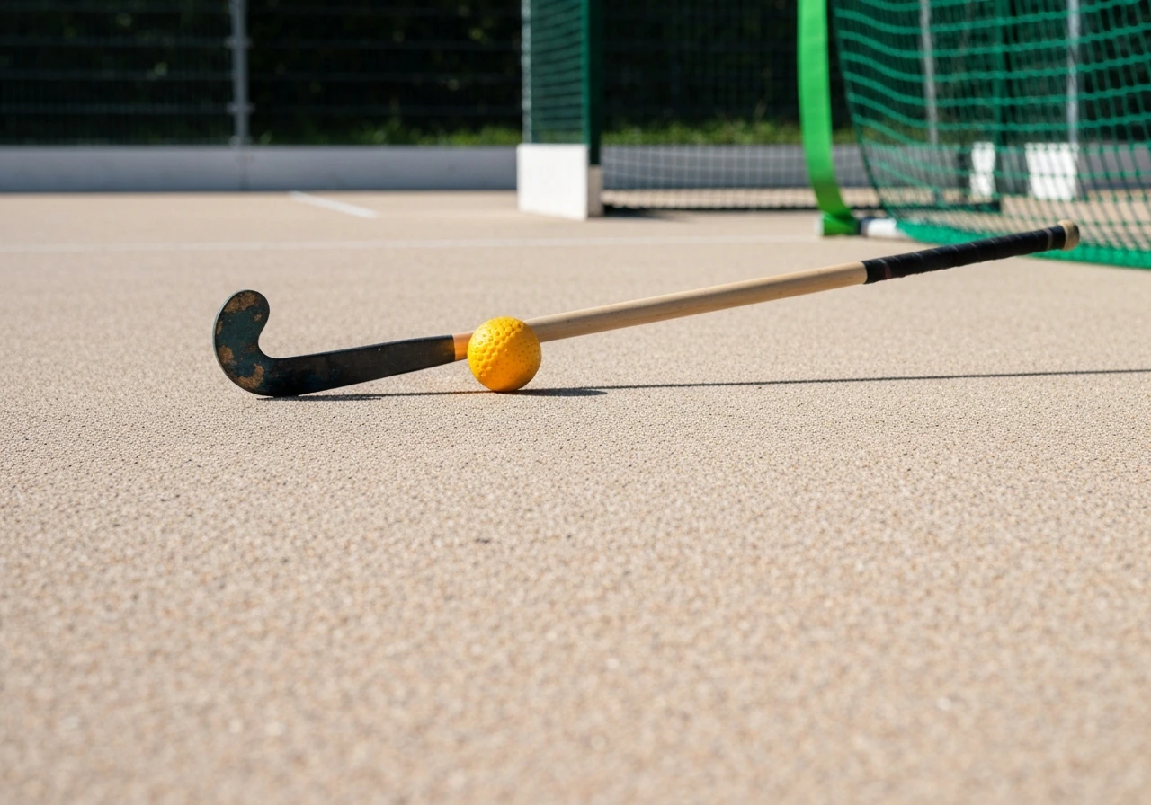 Deux contextes de hockey : terrain sans gazon remplacé par sol dur, et zone avec gazon synthétique vert en arrière-plan.