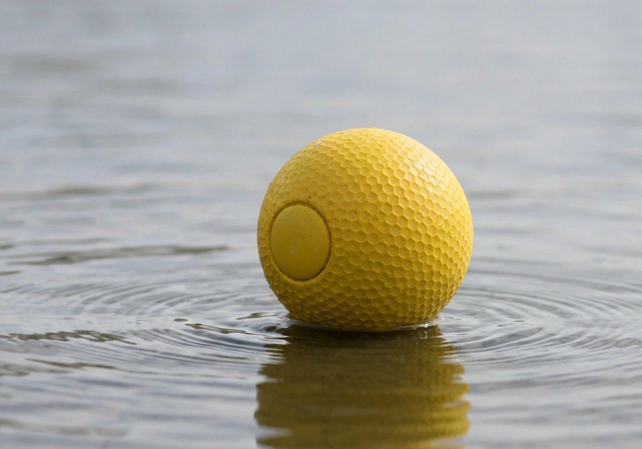 Gros plan d’une balle de hockey qui roule sur un terrain synthétique mouillé, avec traces de contact et rebond.
