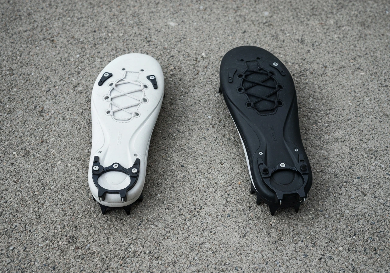 Détail de semelles : chaussures de hockey outdoor à plots comparées à une semelle lisse sur béton.