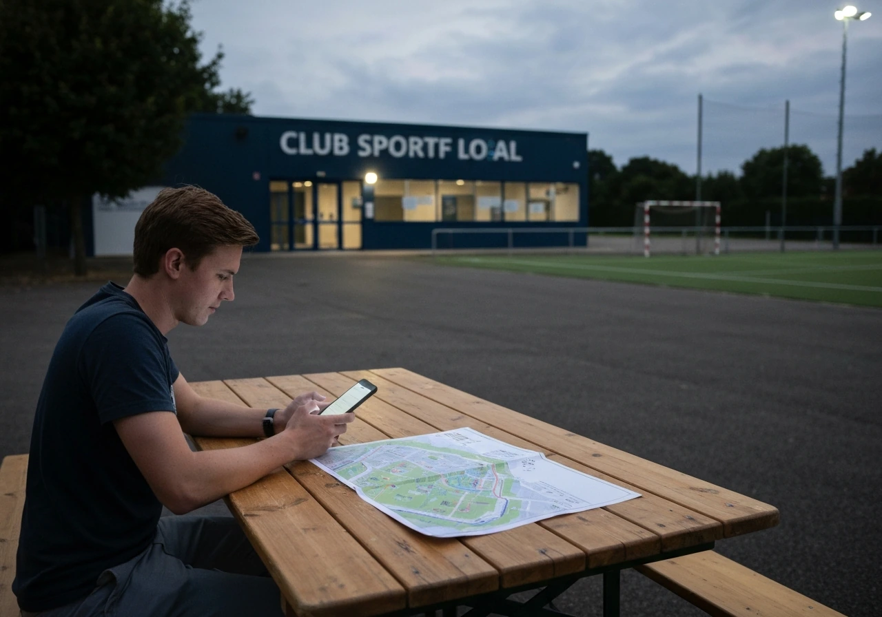 Personne anonyme consultant un smartphone près d’un club sportif, pour vérifier la compatibilité de jeu.