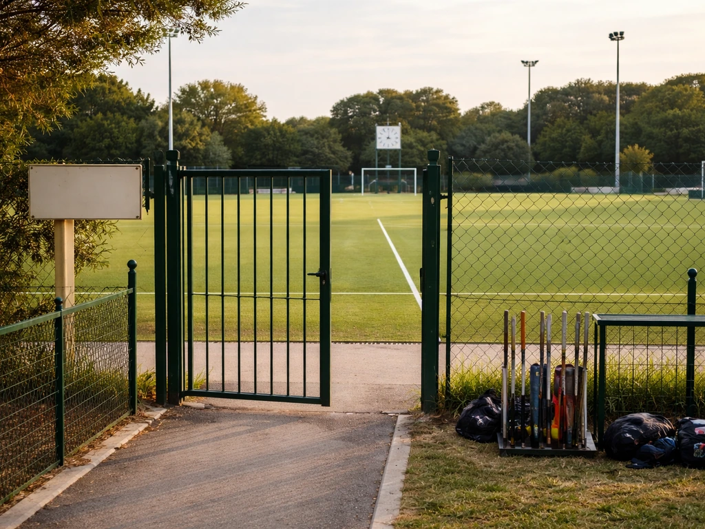 Entrée d’un club de hockey sur gazon à Antibes, terrain en arrière-plan, ambiance sportive et locale.