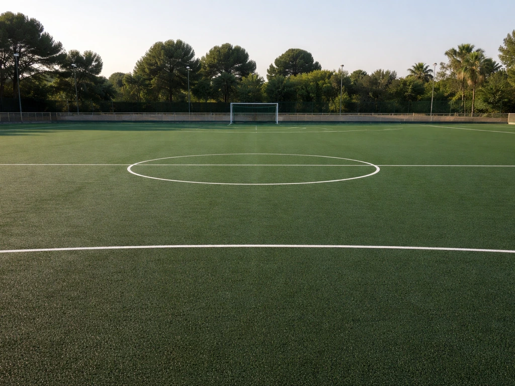 Vue d’un terrain de hockey sur gazon avec marquages, pelouse synthétique et but au stade.