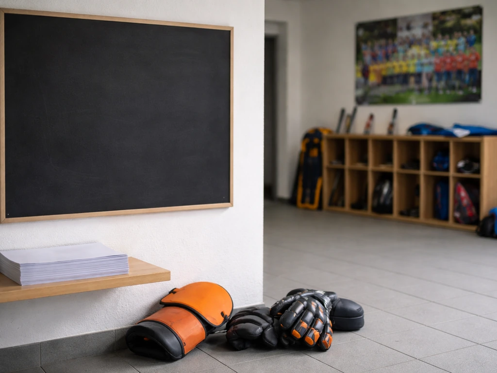 Équipements de hockey et ardoise vide dans un hall de club, ambiance d’organisation par catégories d’âge.