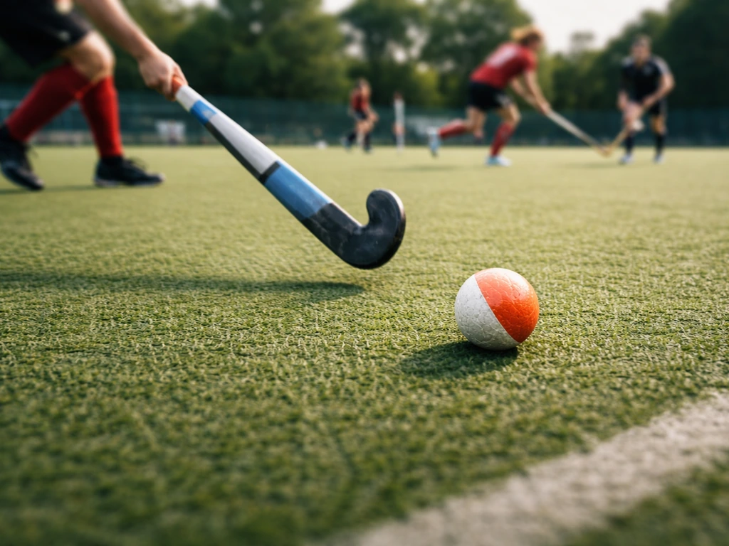 Match de hockey sur gazon en action : balle et crosse au premier plan, jeu dynamique sur un terrain vert.
