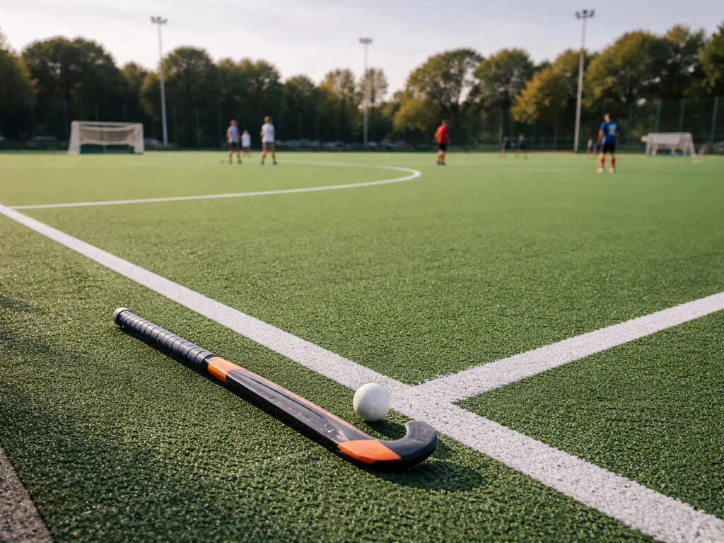 Terrain de hockey sur gazon avec crosse, balle et marquages, vue d’ensemble réaliste et joueurs en arrière-plan.