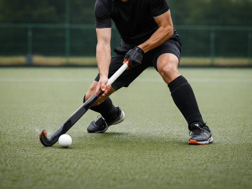 Joueur de hockey sur gazon dribblant près de la ligne sur gazon synthétique, geste dynamique.